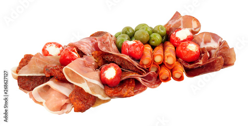 Foto Gran antipasto snack selection with salami and cured meat slices isolated on a w