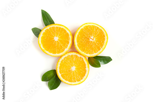 Round orange slices on a white background. Citrus tropical fruit background. Bright food. Dietary vitamin nutrition. A lot of vitamin C.