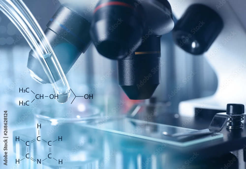 Modern microscope with different lenses, closeup. Chemical research Modern microscope with different lenses, closeup. Chemical research