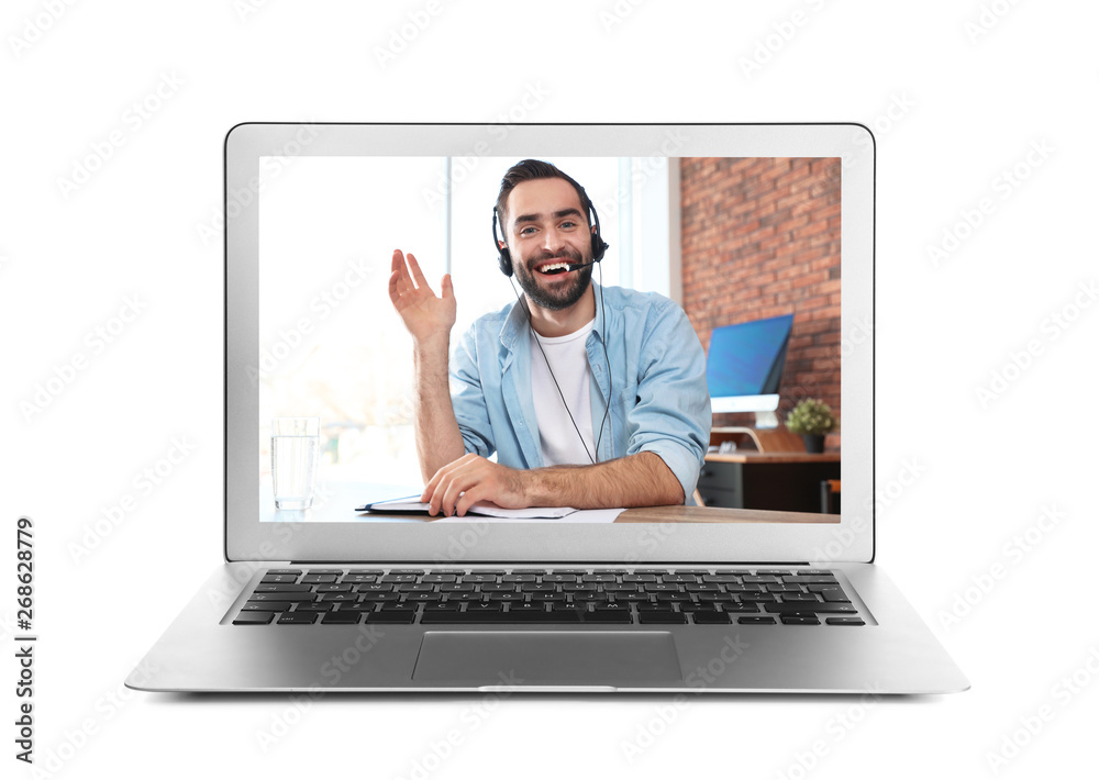 Using laptop for video chat with man on white background Using laptop for video chat with man on white background