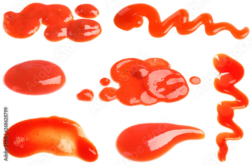 Set of delicious tomato sauce on white background, top view