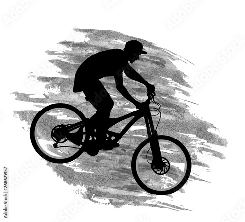 Fototapeta Naklejka Na Ścianę i Meble -  Silhouette of a cyclist going down on a mountain bike on a slope