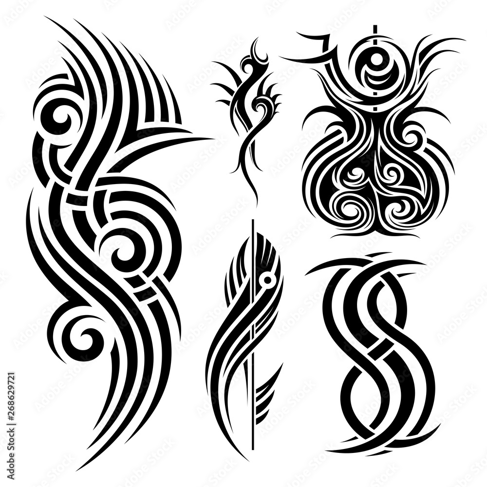 Vector Monochrome Set of Tribal Tattoo. Beautiful Elements. Decorative Isolated Illustration For Design Stock Vector