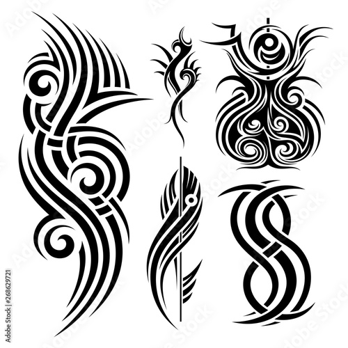 Vector Monochrome Set of Tribal Tattoo. Beautiful Elements. Decorative Isolated Illustration For Design