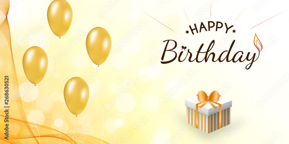 Naklejka premium Happy birthday card design, in the background bokeh. Celebration concept with flying gold balloons and wavy colorful veil. Striped gift box under the decorated text with orange glossy bow.