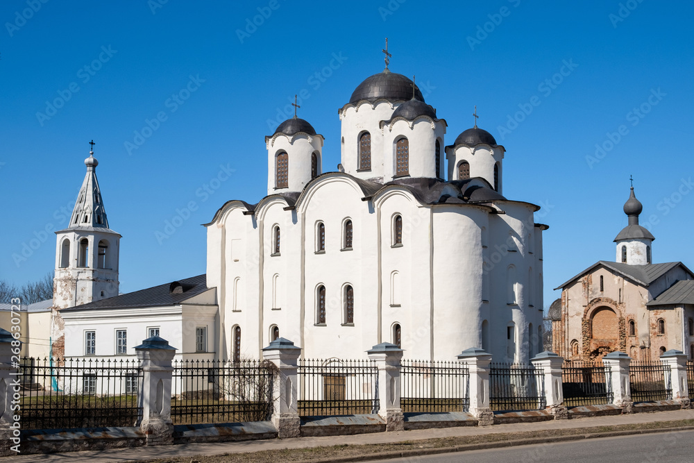 Yaroslav's Court in Veliky Novgorod. Nikolo-Dvorishchensky Cathedral, an important historical tourist site of Russia.