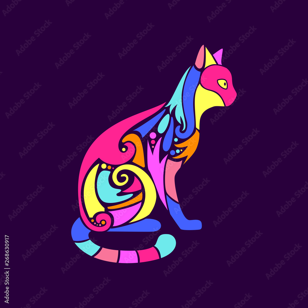 Ornate colorful cat silhouette, decorative vector illustration
