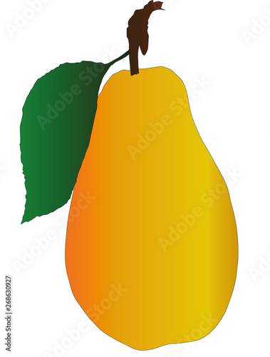 ripe pear with green leaf