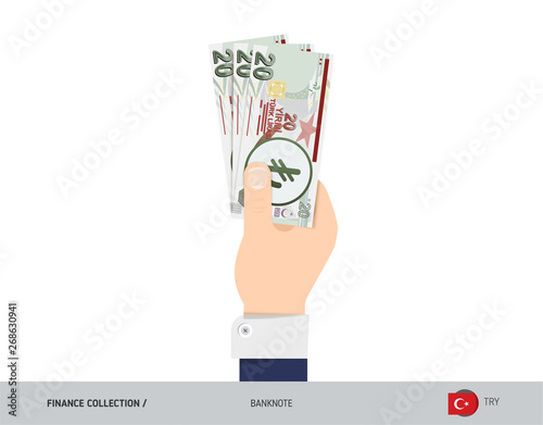 20 Turkish Lira Banknote. Hand gives money. Flat style vector illustration. Salary payout or corruption concept.