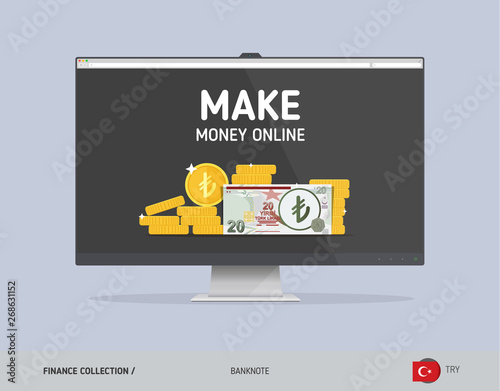 Monitor with 20 Turkish Lira Banknote. Flat style vector illustration. Finance concept.