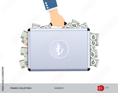 Hand holds a metal case with 20 Turkish Lira Banknotes. Flat style vector illustration. Salary payout or corruption concept.