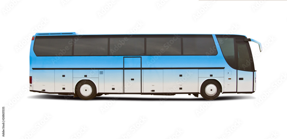 Blue white bus side view isolated on white