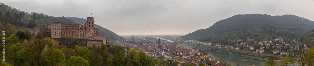 Aerial view of the Heidelberg old town with the ruins of the castle and the old bridge across the Neckar river