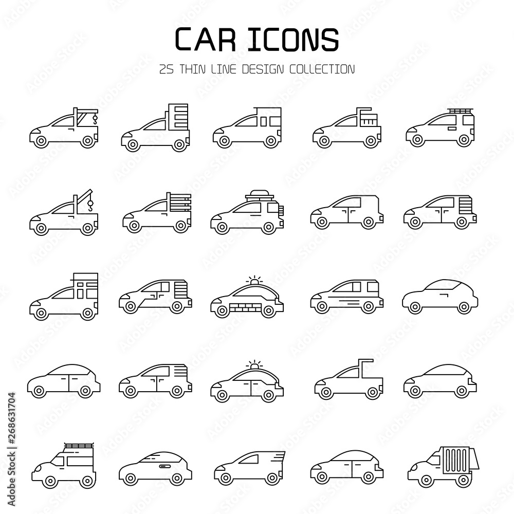 car and vehicle icon set, line icons