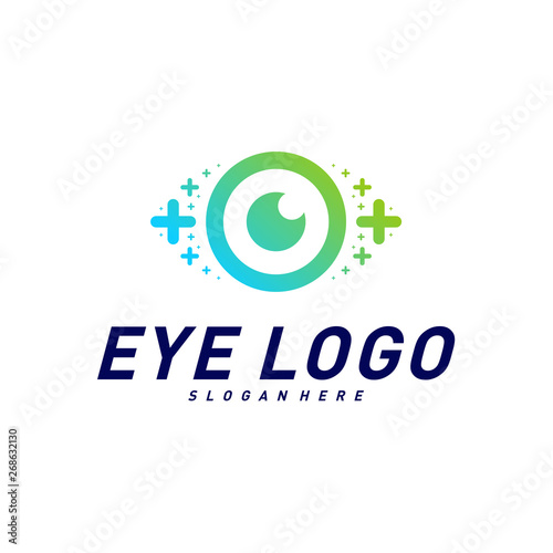 Eyes with Icons Health logo Design concept Vector. Health eye logo Template. Icon symbol.