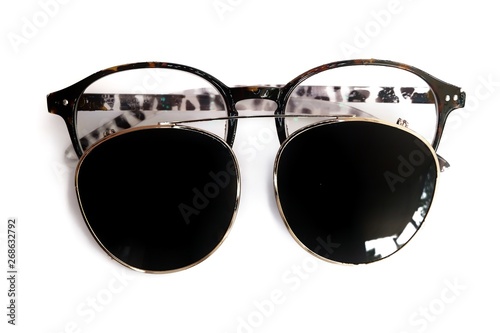 Spectacles  clear glasses Striped glasses with sun glass clip on isolate on white background