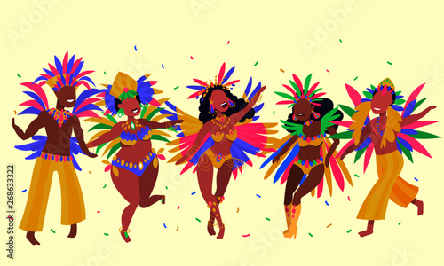 People having fun in Notting Hill Carnival. Vector illustration of dancing people 