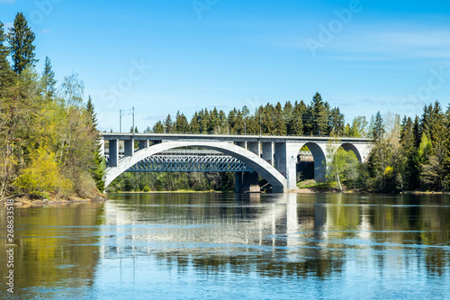 Spring landscape of bridge and Kymijoki river waters in Finland, Kymenlaakso, Kouvola, Koria