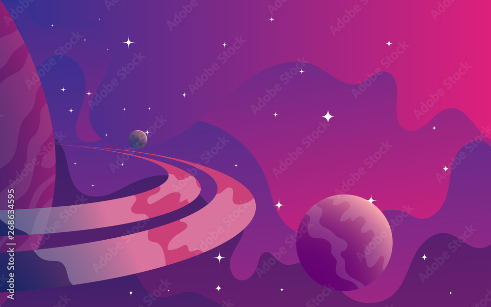 colorful Space flat background with planets and stars. Vector illustration