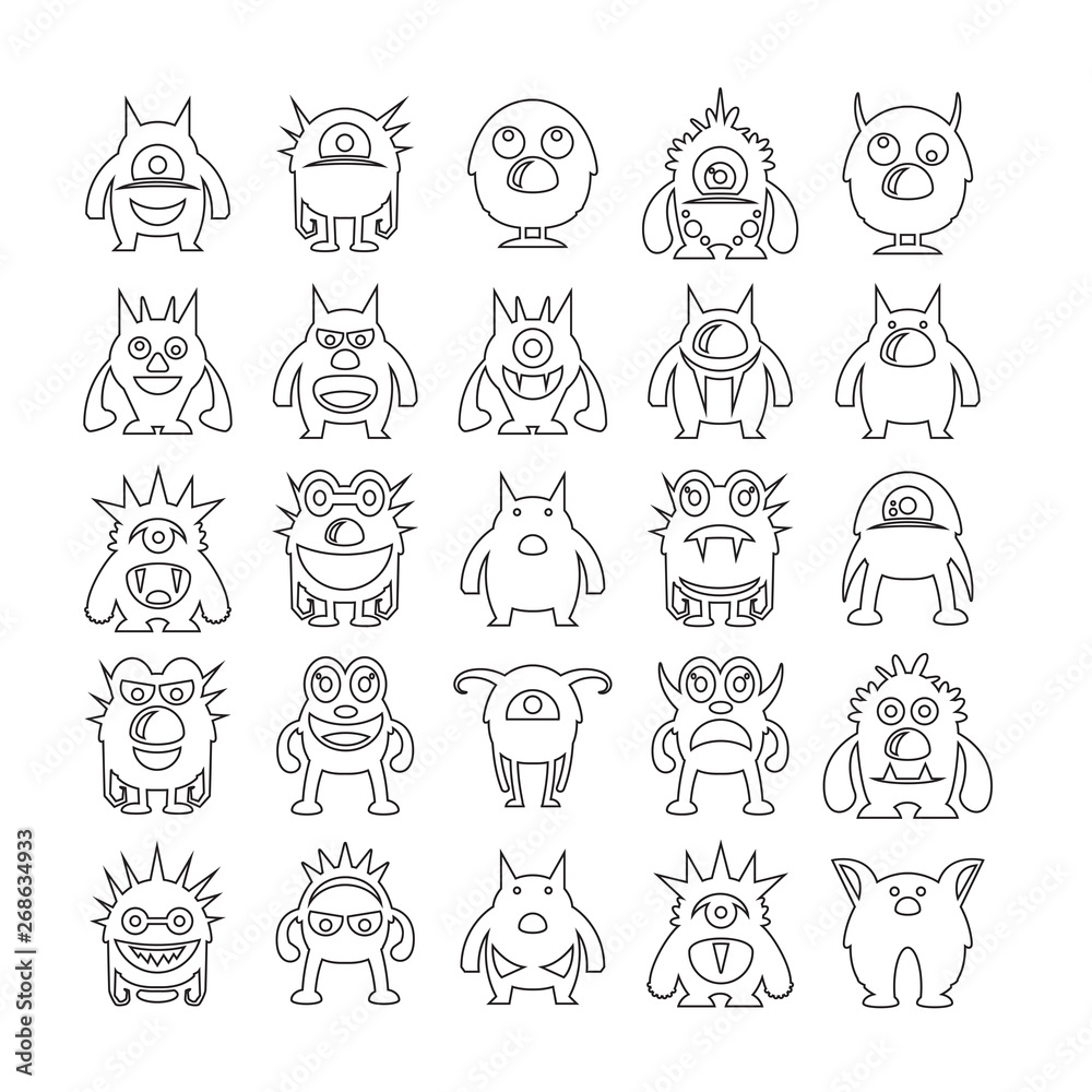 monster avatar character icons set, line icons