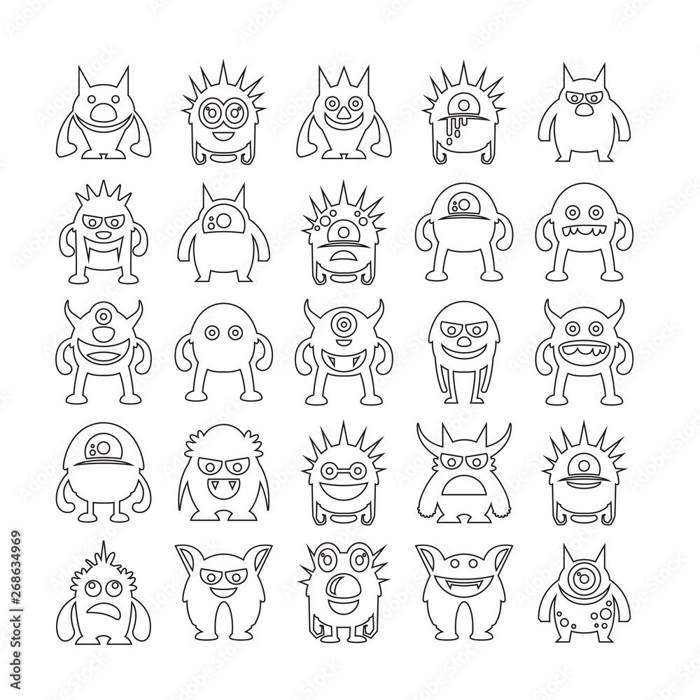 monster avatar character icons set, line icons