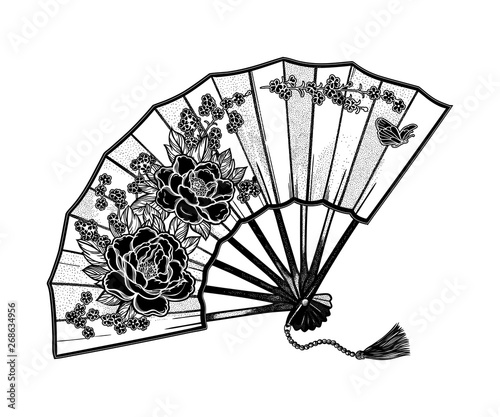 Oriental fan decorated with flowers peonies and butterflies.Vector illustration for your design, textiles, posters.
