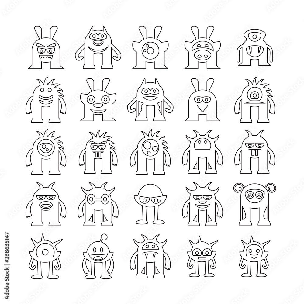 monster avatar character icons set, line icons