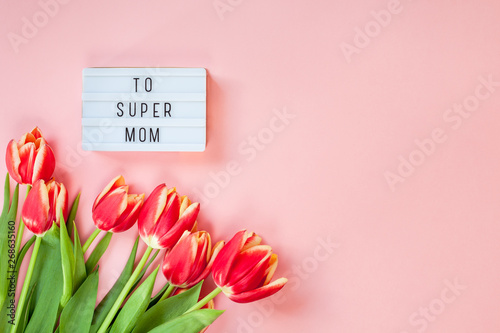 Mothers Day greeting card with red tulip flowers