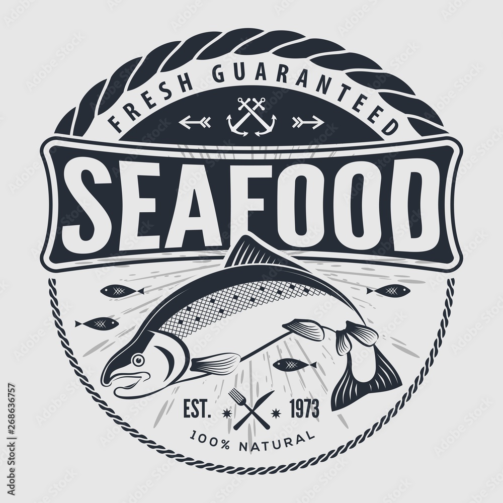 Fototapeta premium Seafood label, badge, emblem or logo for seafood restaurant, menu design element. Vector illustration