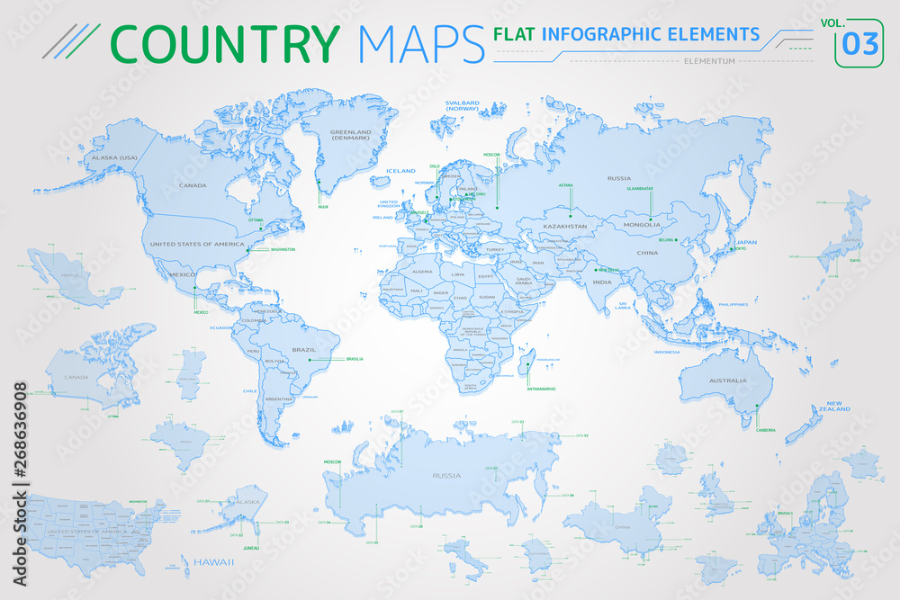 America, Asia, Africa, Europe, Australia, Mexico, Japan, Canada, USA, Russia, China Vector Maps