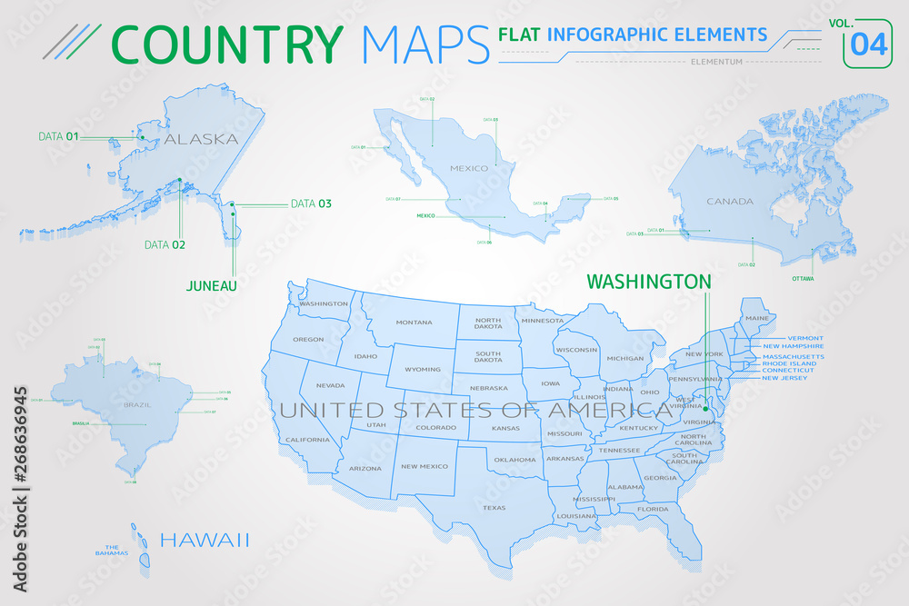 United States of America, Alaska, Hawaii, Mexico, Canada and Brazil Vector Maps