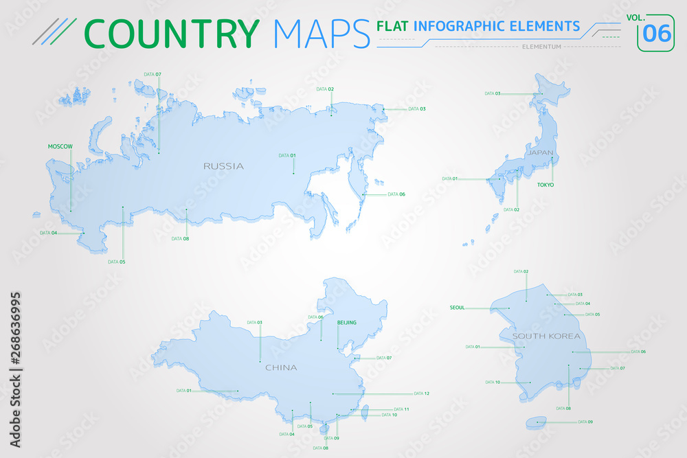 Russia, China, Japan and South Korea Vector Maps