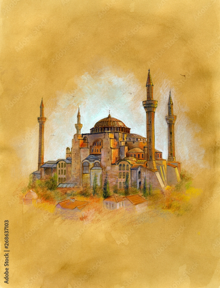 Fototapeta premium Hagia Sophia (AYASOFYA) w İstanbul. Akwarela ilustracja na papierze vintage.