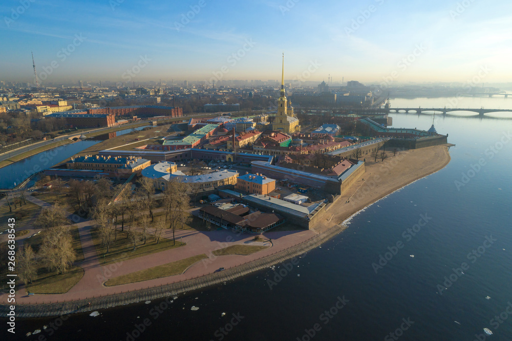 View of the Peter and Paul Fortress on early April morning (aerial photography). Saint-Petersburg, Russia