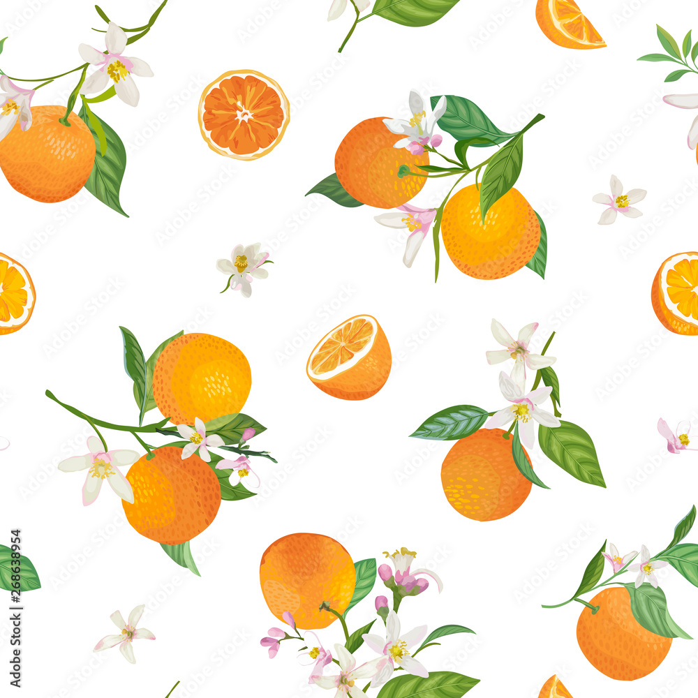 Seamless Orange pattern with tropic fruits, leaves, flowers background. Hand drawn vector illustration in watercolor style for summer cover, citrus tropical wallpaper, vintage texture Seamless Orange pattern with tropic fruits, leaves, flowers background. Hand drawn vector illustration in watercolor style for summer cover, citrus tropical wallpaper, vintage texture