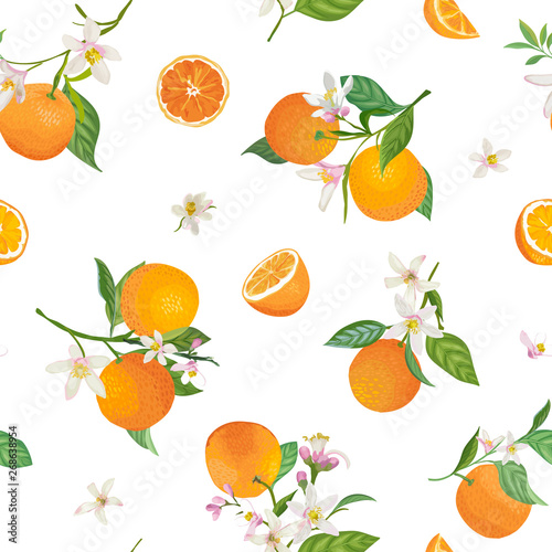Seamless Orange pattern with tropic fruits  leaves  flowers background. Hand drawn vector illustration in watercolor style for summer cover  citrus tropical wallpaper  vintage texture