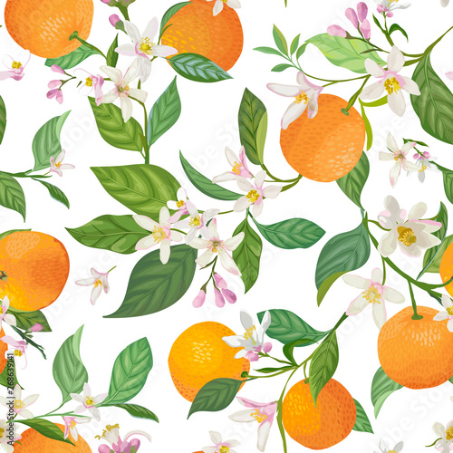 Seamless Orange pattern with tropic fruits, leaves, flowers background. Hand drawn vector illustration in watercolor style for summer cover, citrus tropical wallpaper, vintage texture