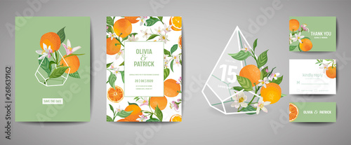 Set of Botanical wedding invitation card, vintage Save the Date, template design of orange fruit, flowers and leaves, blossom illustration. Vector trendy cover, graphic poster, brochure