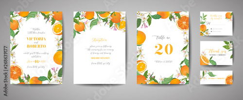Set of Botanical wedding invitation card, vintage Save the Date, template design of orange, citrus fruit, flowers and leaves, blossom illustration. Vector trendy cover, graphic poster, brochure