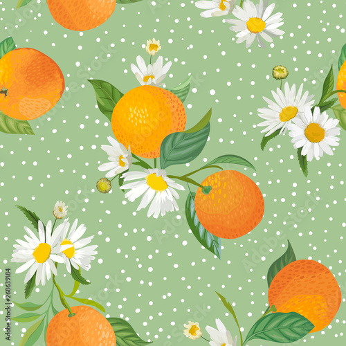 Seamless Orange pattern with tropic fruits, leaves, daisy flowers background. Hand drawn vector illustration in watercolor style for summer cover, tropical wallpaper, citrus vintage texture