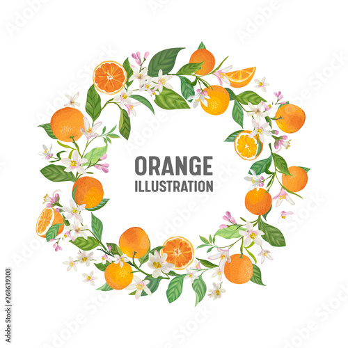 Botanical wedding invitation card, vintage Save the Date, template frame design of orange, citrus fruit, flowers and leaves, blossom illustration. Vector trendy cover, graphic poster, brochure