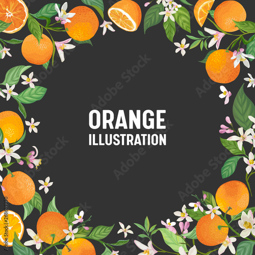 Botanical wedding invitation card, vintage Save the Date, template frame design of orange, citrus fruit, flowers and leaves, blossom illustration. Vector trendy cover, graphic poster, brochure