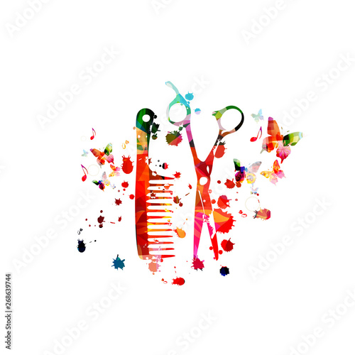 Hairdressing tools background. Colorful comb and scissors vector illustration design for beauty and hair salon, hairdressing