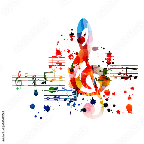 Music background with colorful G-clef and music notes vector illustration design. Artistic music festival poster, live concert events, party flyer, music notes signs and symbols