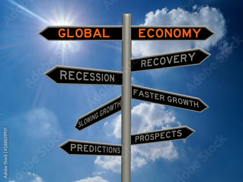 Global economy concept 3d sign with grey stroke on a sunny blue sky background
