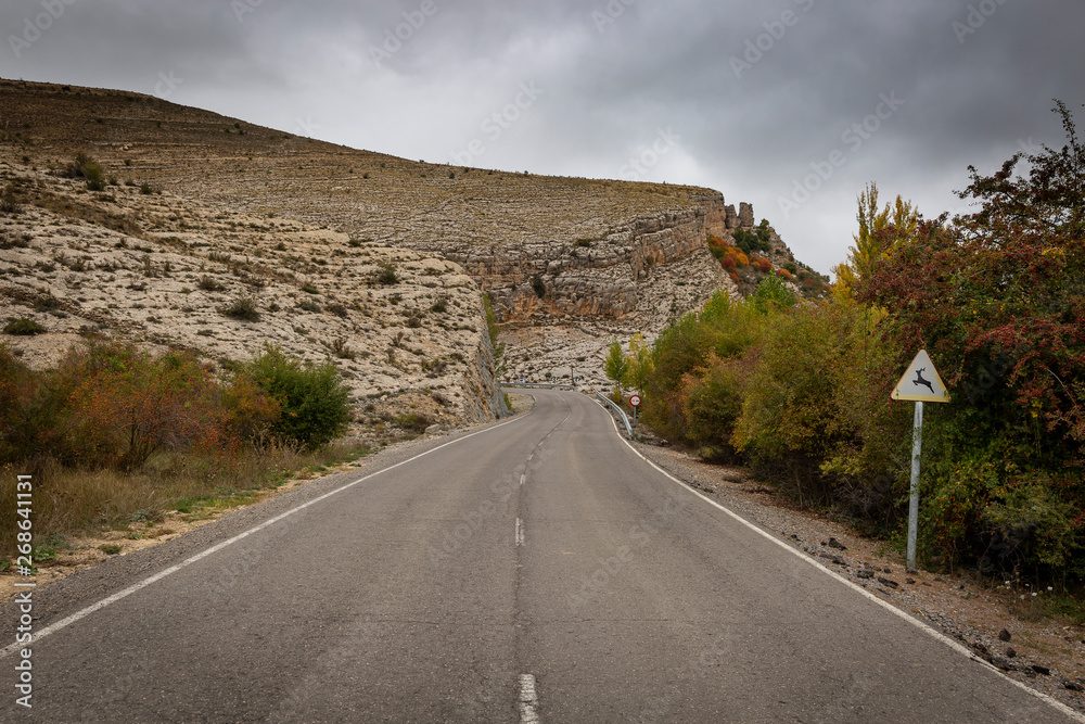 Fototapeta premium paved road next to Villarroya de los Pinares, province of Teruel, Aragon, Spain
