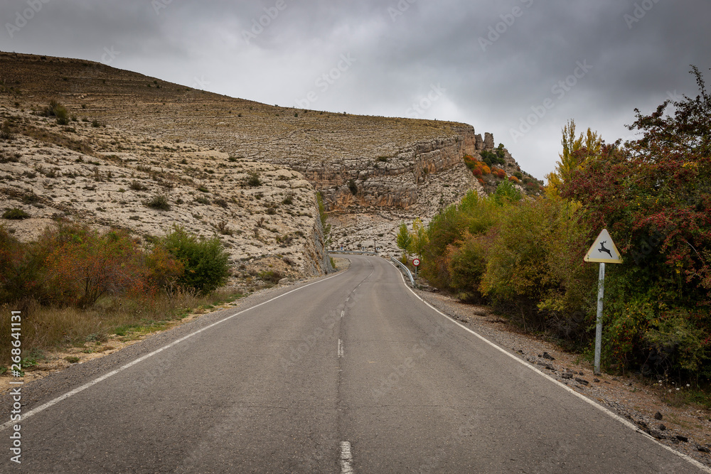 paved road next to Villarroya de los Pinares, province of Teruel, Aragon, Spain