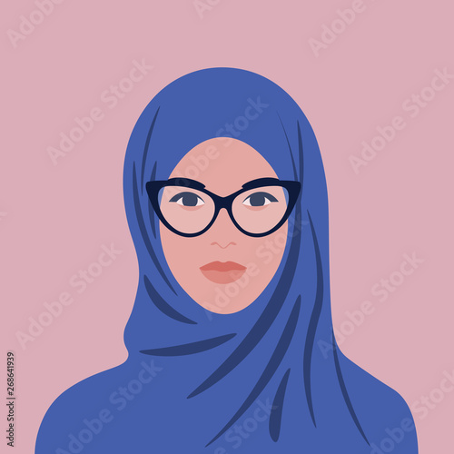 Portrait of an arabian woman in hijab and glasses. Muslim girl avatar. Vector flat illustration