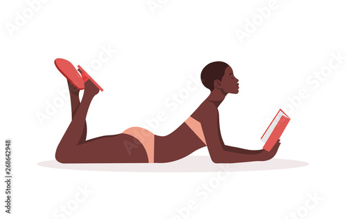 An African woman in a swimsuit is lying and reading a book. Education and recreation. Female student on vacation. Vector flat illustration