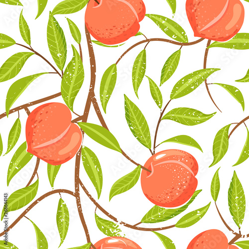 Seamless pattern with peach and green leaves. Summer vibes. Vector texture for textile, postcard, wrapping paper, packaging etc. Vector illustration.